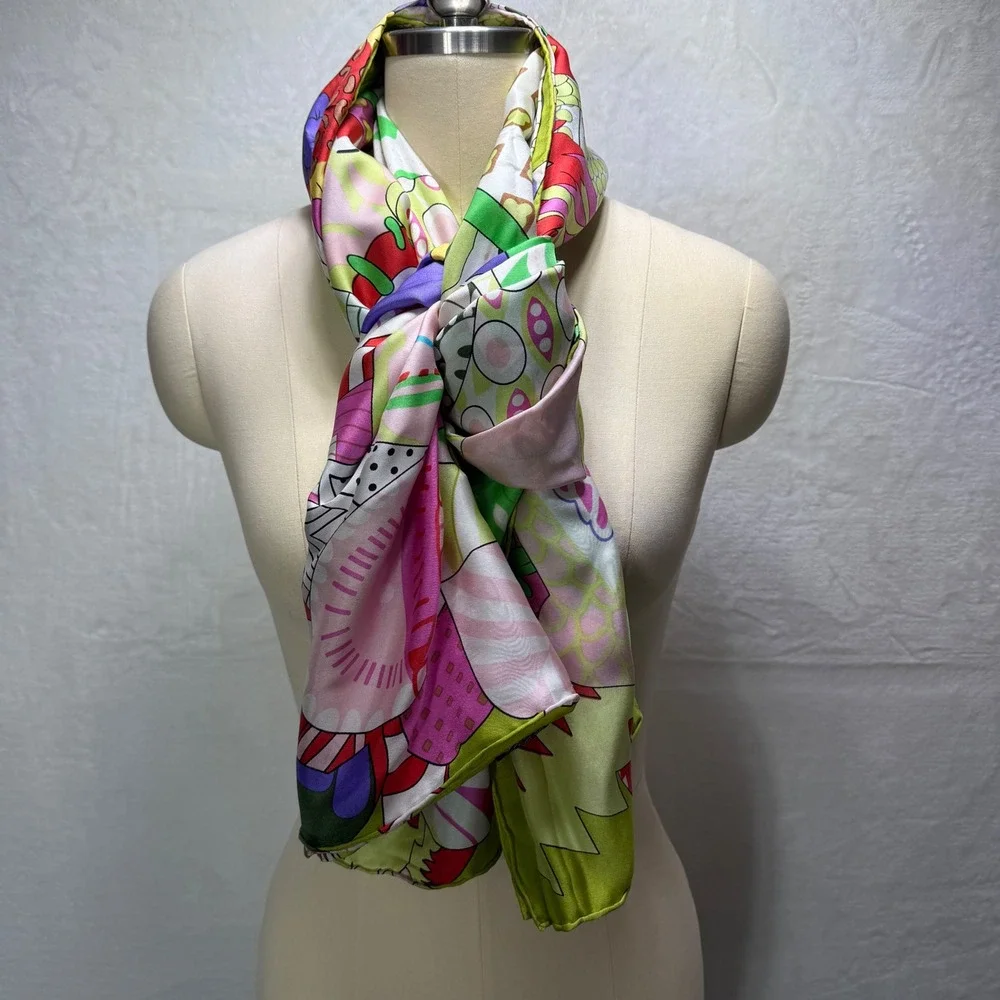 Large Psychedelic Floral Silk Scarf Lime Green Pink Geometric 53x53 Made France